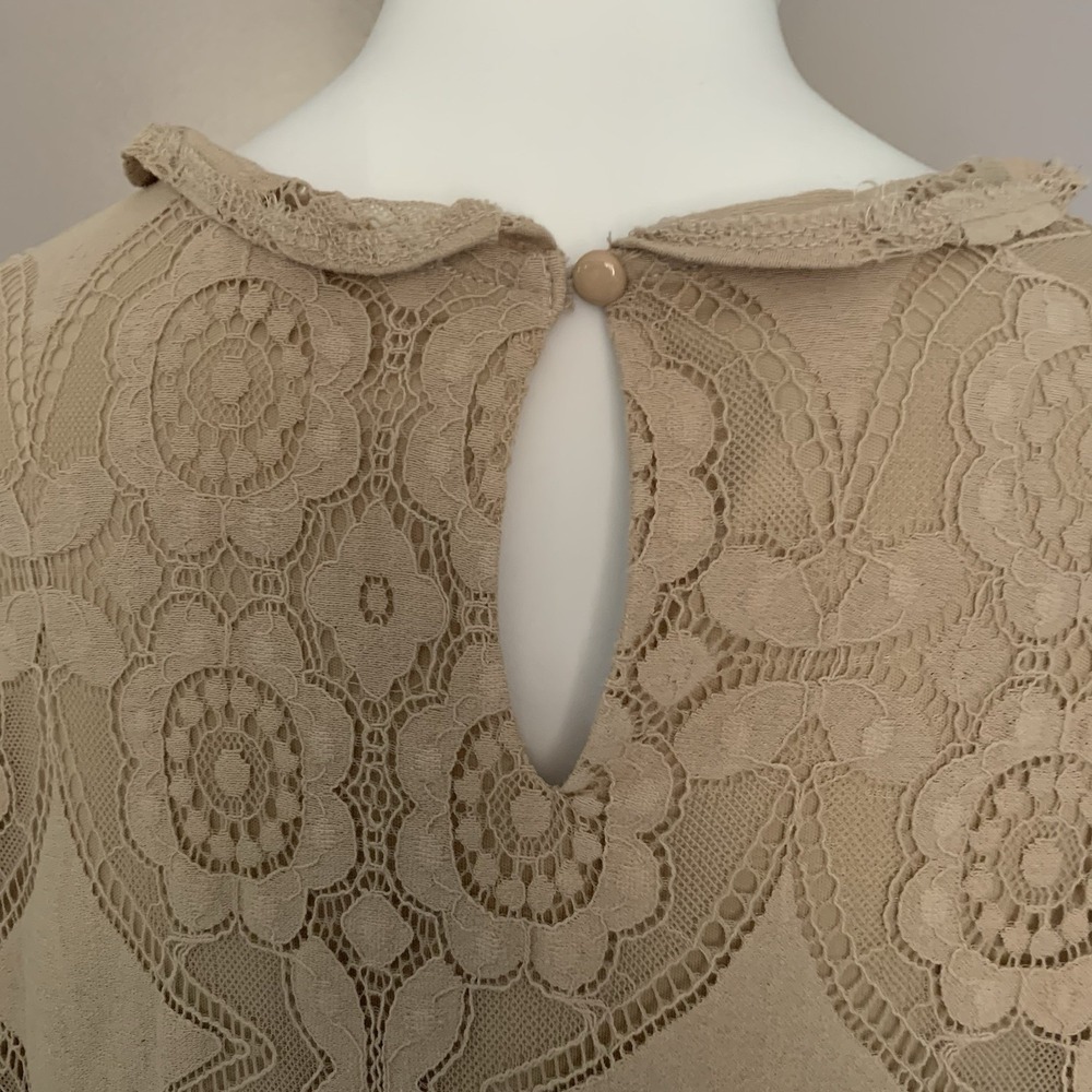 ULTRA PINK‎ Cute Floral Lace Beige Top Smocked Long Sheer Sleeve Mock Blouse L - Picture 6 of 16